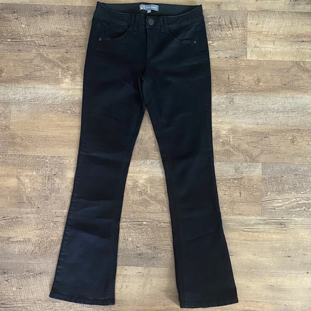 Black itty bitty bootcut jeans.